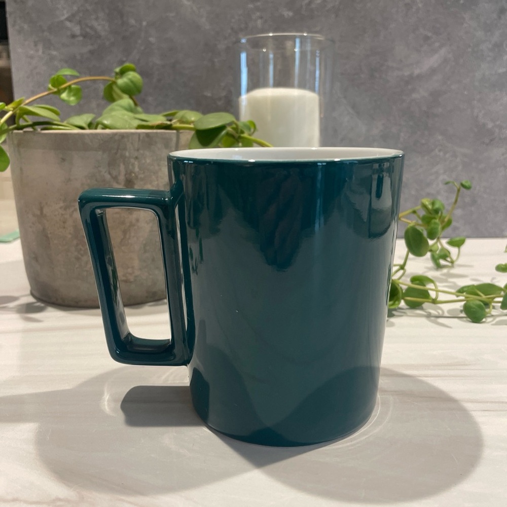 CB2 Green Stoneware Mug White Interior Heavy Duty Modern 4.25”